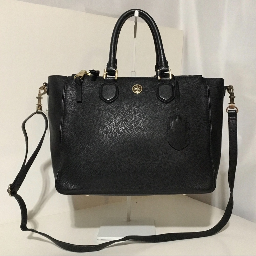 Tory Burch Black Leather Pebbled Satchel Triple Compartment with Gold Hardware